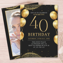 Elegant Gold Glitter Birthday 40th with Balloons