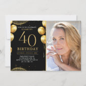 Elegant Gold Glitter Birthday 40th With Photo 招待状 (正面)