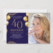 Elegant Gold Glitter Birthday 40th With Photo 招待状 (正面)