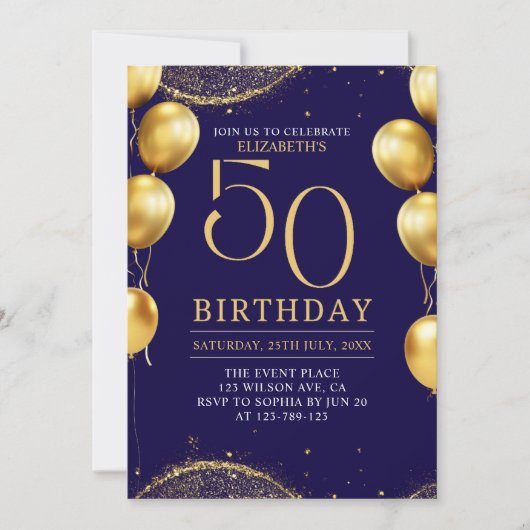 Elegant Gold Glitter Birthday 50th with Balloons 招待状 (正面)