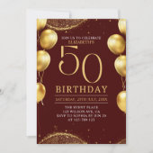 Elegant Gold Glitter Birthday 50th with Balloons 招待状 (正面)