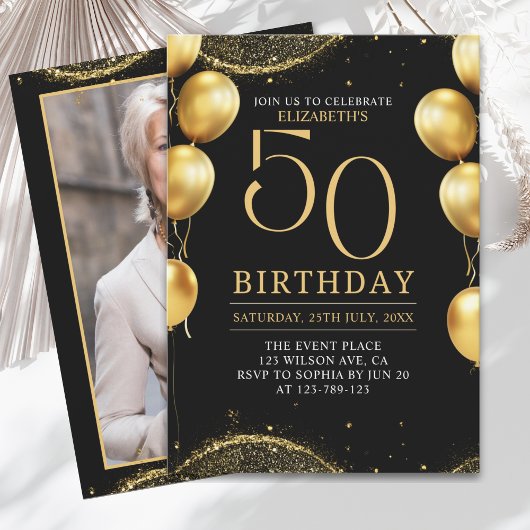 Elegant Gold Glitter Birthday 50th with Balloons 招待状