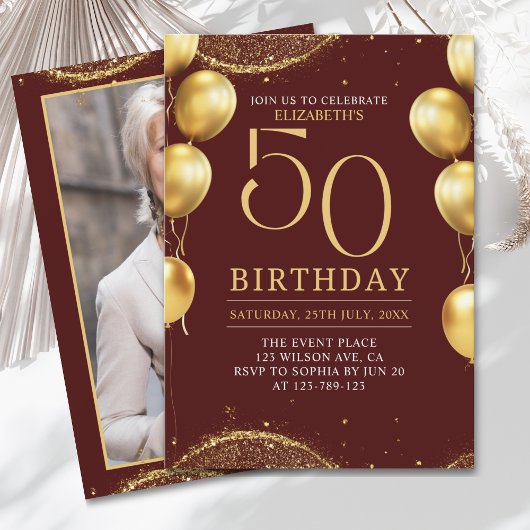 Elegant Gold Glitter Birthday 50th with Balloons 招待状