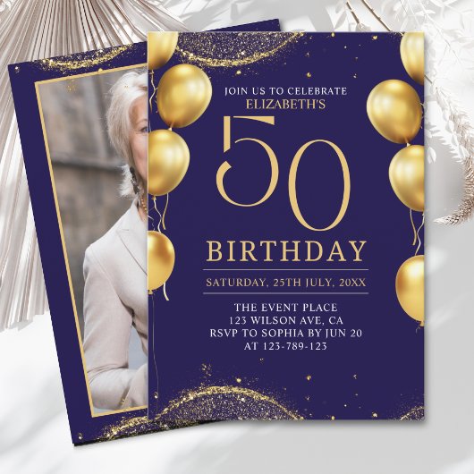 Elegant Gold Glitter Birthday 50th with Balloons 招待状