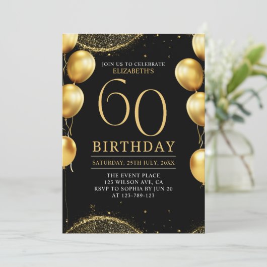 Elegant Gold Glitter Birthday 60th with Balloons 招待状 (スタンド正面)