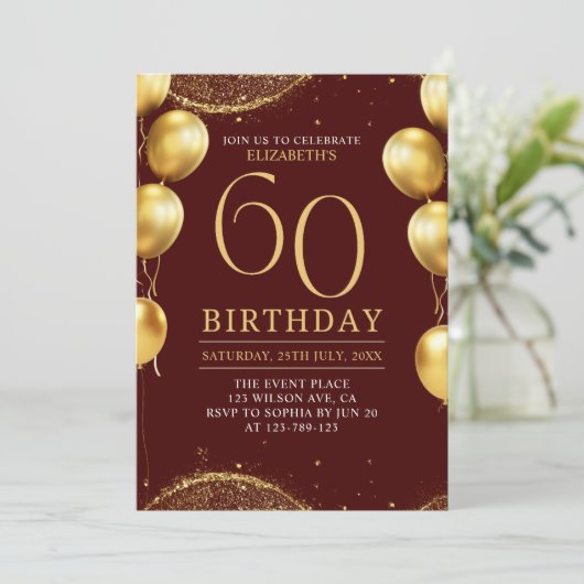 Elegant Gold Glitter Birthday 60th with Balloons 招待状 (スタンド正面)