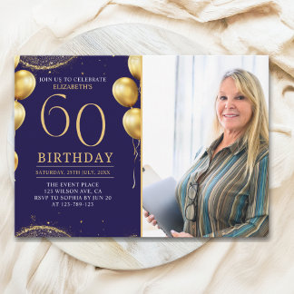 Elegant Gold Glitter Birthday 60th With Photo 招待状