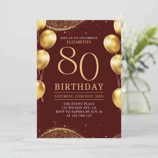 Elegant Gold Glitter Birthday 80th with Ballons 招待状 (スタンド正面)