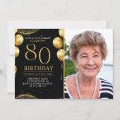 Elegant Gold Glitter Birthday 80th With Photo 招待状 (正面)