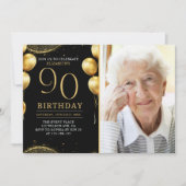 Elegant Gold Glitter Birthday 90th With Photo 招待状 (正面)