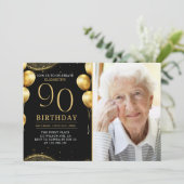 Elegant Gold Glitter Birthday 90th With Photo 招待状 (スタンド正面)