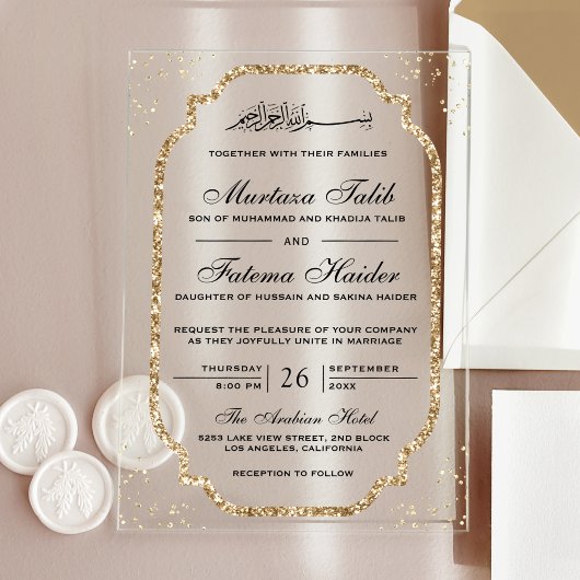 Elegant Gold Glitter Border Muslim Wedding アクリル招待状