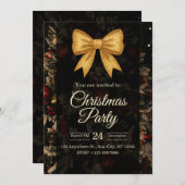 Elegant Gold Glitter Bow Dark Christmas Party 招待状 (正面/裏面)