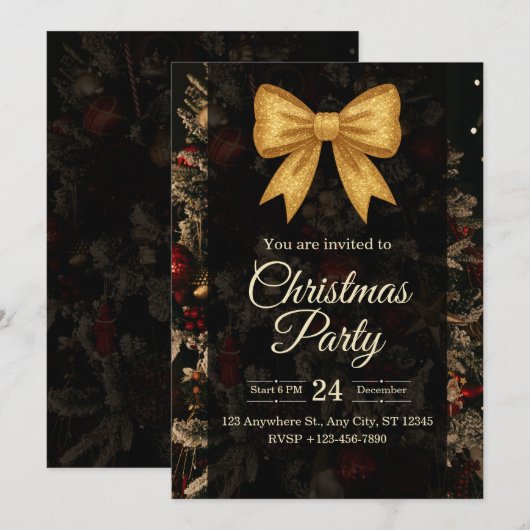 Elegant Gold Glitter Bow Dark Christmas Party 招待状 (正面/裏面)
