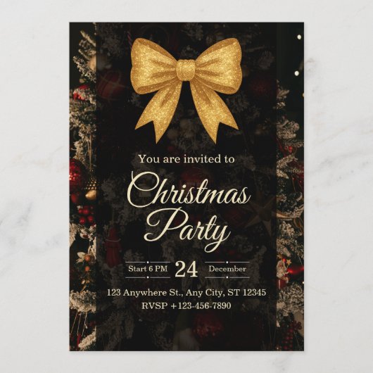 Elegant Gold Glitter Bow Dark Christmas Party 招待状 (正面)