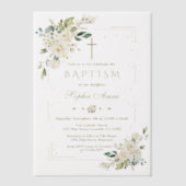 Elegant Gold Glitter Frame White Floral Baptism ベラム紙招待状 (正面)
