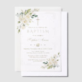 Elegant Gold Glitter Frame White Floral Baptism ベラム紙招待状 (オフセット)