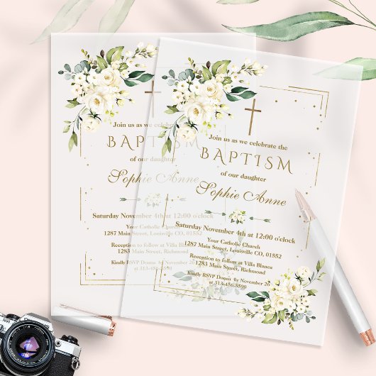 Elegant Gold Glitter Frame White Floral Baptism ベラム紙招待状