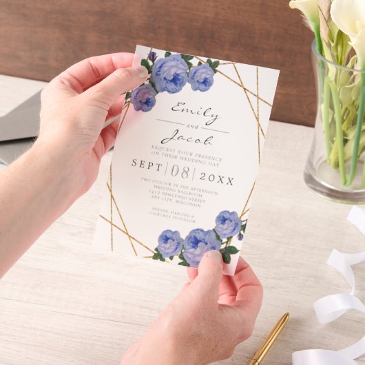 Elegant Gold Glitter Geometric Blue Wedding ベラム紙招待状 (ポータブル)