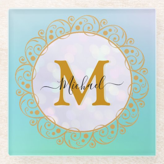 Elegant Gold Glitter Initial & Name ガラスコースター (正面)
