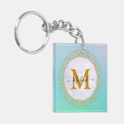 Elegant Gold Glitter Initial & Name キーホルダー (正面左)