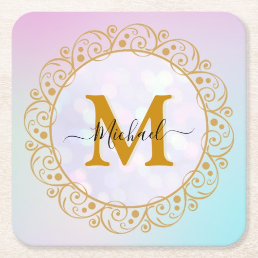 Elegant Gold Glitter Initial & Name スクエアペーパーコースター (正面)