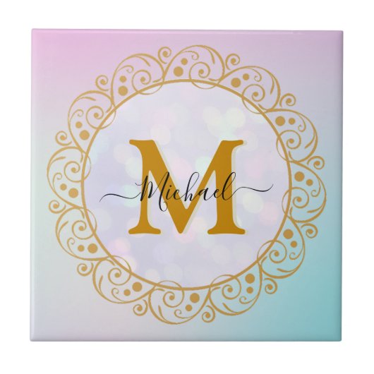 Elegant Gold Glitter Initial & Name タイル (正面)