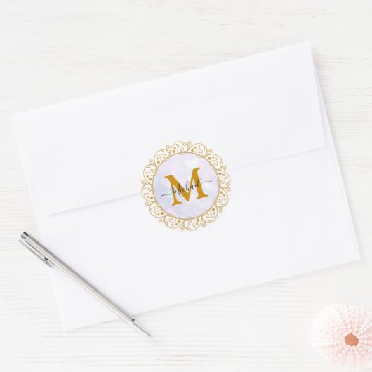 Elegant Gold Glitter Initial & Name ラウンドシール (封筒)