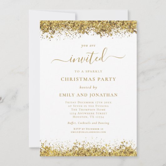 Elegant Gold Glitter Script Christmas Party 招待状 (正面)