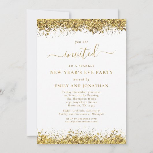 Elegant Gold Glitter Script New Years Eve Party 招待状 (正面)