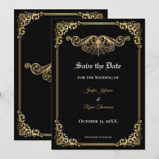 Elegant gold Gothic wedding save the date 案内状 (正面/裏面)