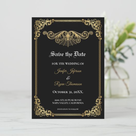 Elegant gold Gothic wedding save the date 案内状 (スタンド正面)
