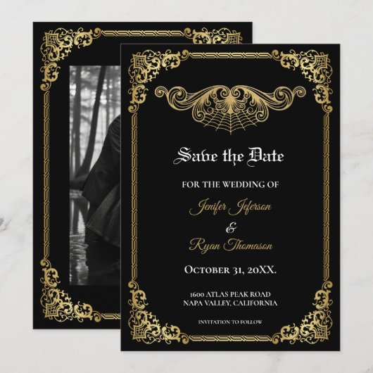 Elegant gold Gothic wedding save the date 案内状 (正面/裏面)