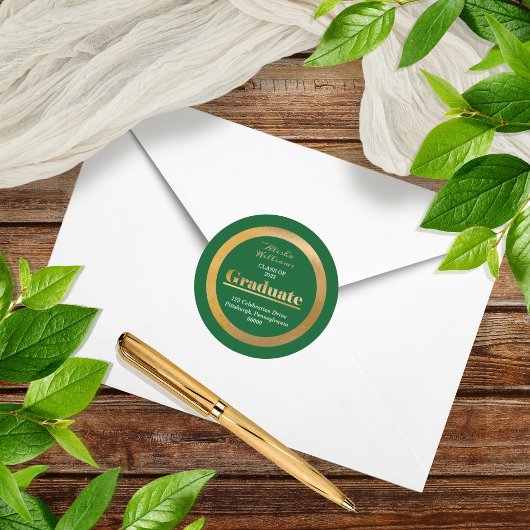 Elegant Gold Graduate Green Return Address ラウンドシール
