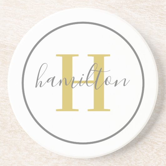 Elegant Gold Gray Round Custom Monogram Initial コースター (正面)