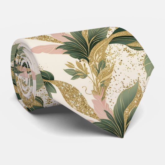 Elegant Gold & Green Botanical Leaf Pattern ネクタイ (ロール)