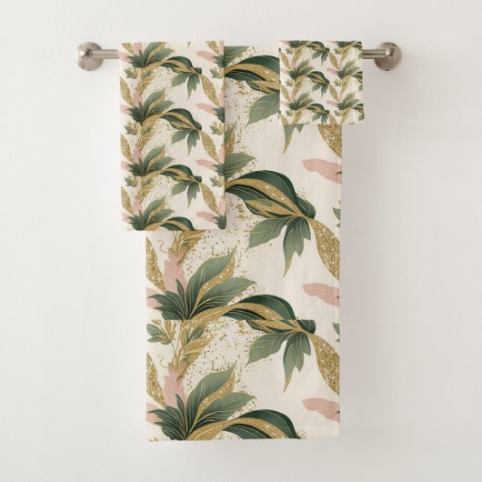 Elegant Gold & Green Botanical Leaf Pattern バスタオルセット (インサイチュ)