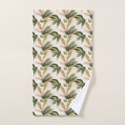 Elegant Gold & Green Botanical Leaf Pattern バスタオルセット (ハンドタオル)