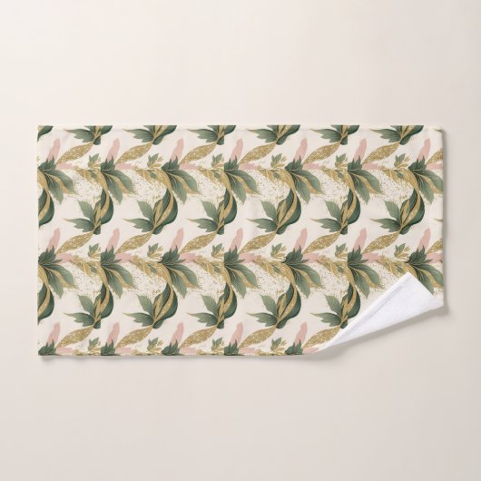 Elegant Gold & Green Botanical Leaf Pattern バスタオルセット (ハンドタオル)