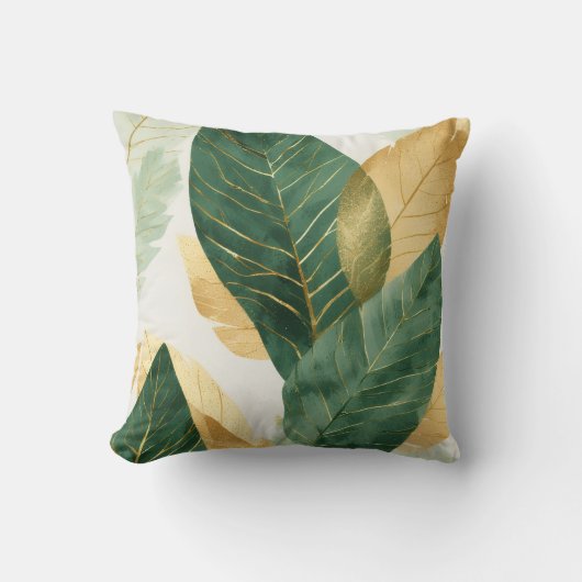 Elegant Gold & Green Botanical Leaves Throw Pillow クッション (正面)