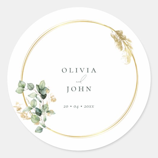 Elegant Gold Green Eucaliptus Wedding  ラウンドシール (正面)