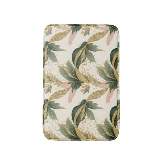 Elegant Gold & Green Leaf Pattern Touch of Pink バスマット (正面縦)