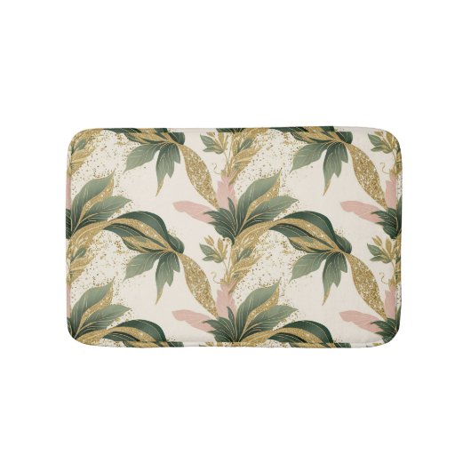 Elegant Gold & Green Leaf Pattern Touch of Pink バスマット (正面)