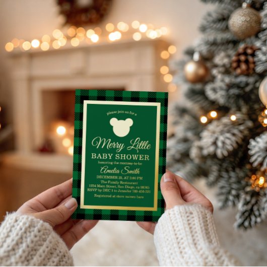 Elegant Gold Green Plaid Merry Little Baby Shower 箔招待状