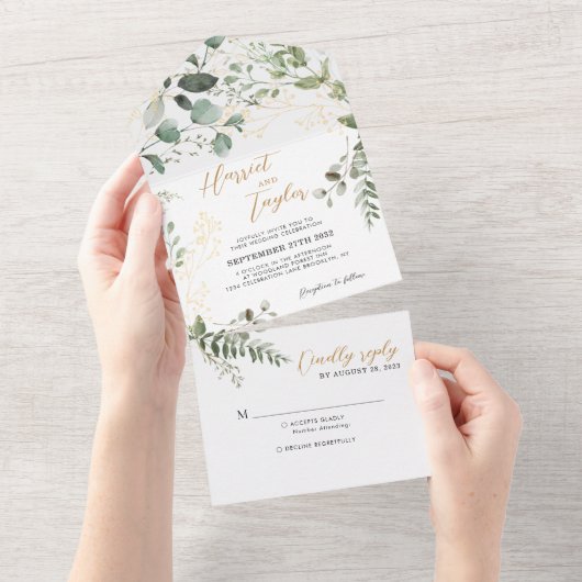 Elegant Gold Greenery Eucalyptus Monogram Wedding オールインワン招待状 (貼ってはがせる)