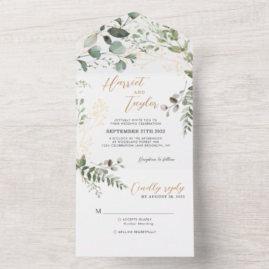 Elegant Gold Greenery Eucalyptus Monogram Wedding オールインワン招待状 (内側)