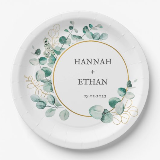 Elegant Gold Greenery Eucalyptus Personalized   ペーパープレート (正面)