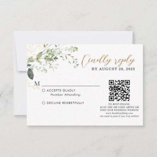 Elegant Gold Greenery Eucalyptus QR Code Wedding  出欠カード (正面)