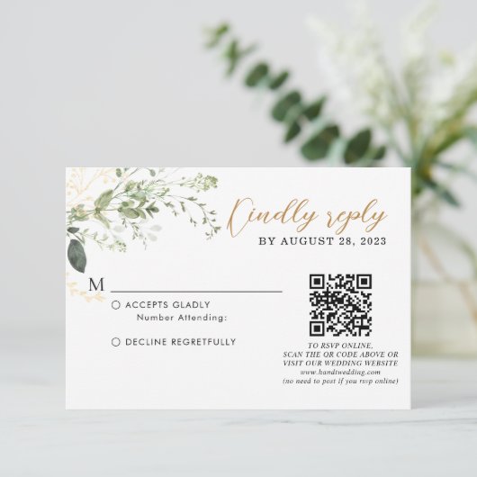 Elegant Gold Greenery Eucalyptus QR Code Wedding  出欠カード (スタンド正面)