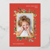Elegant Gold Greenery | Red with Two Photos 箔シーズンカード (正面)